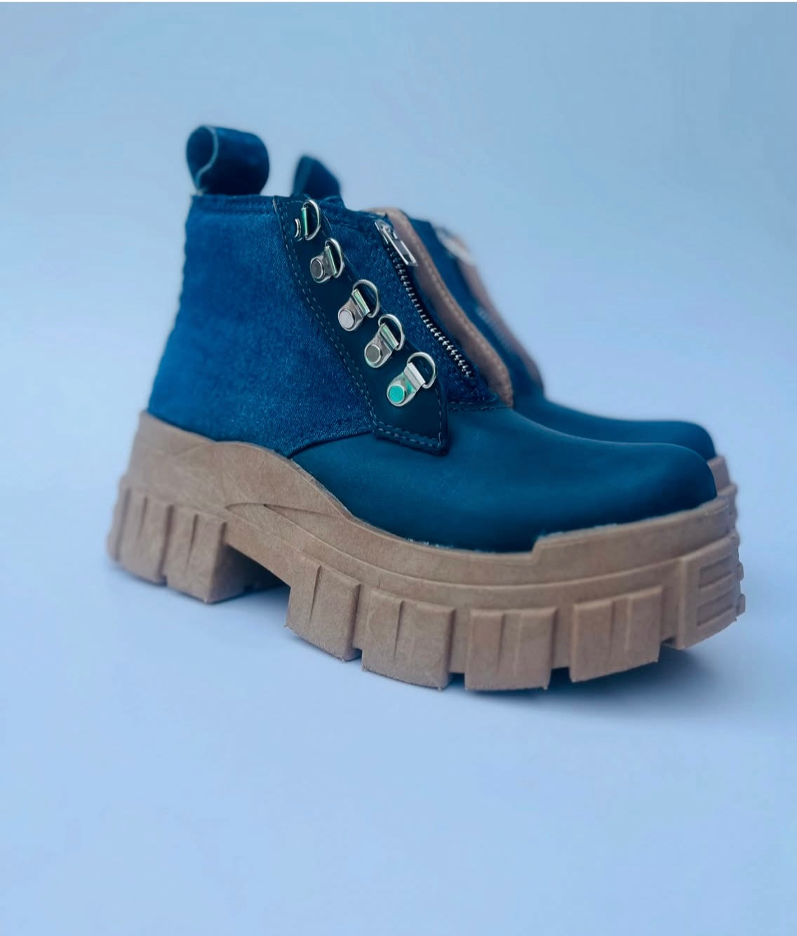 1Botín Jeans Cuero Azul Petróleo Mujer - Sin Cordones Cierre Central