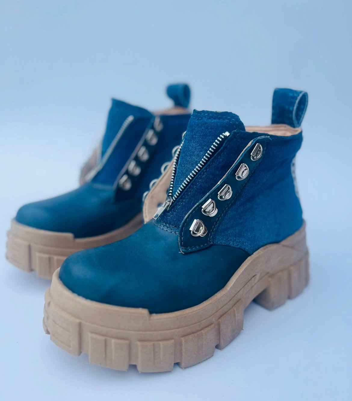 1Botín Jeans Cuero Azul Petróleo Mujer - Sin Cordones Cierre Central