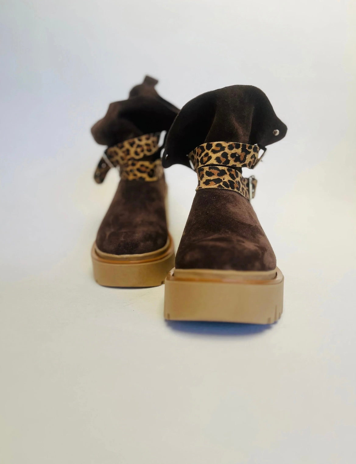 Brown reindeer ankle boot with animal print interchangeable strap