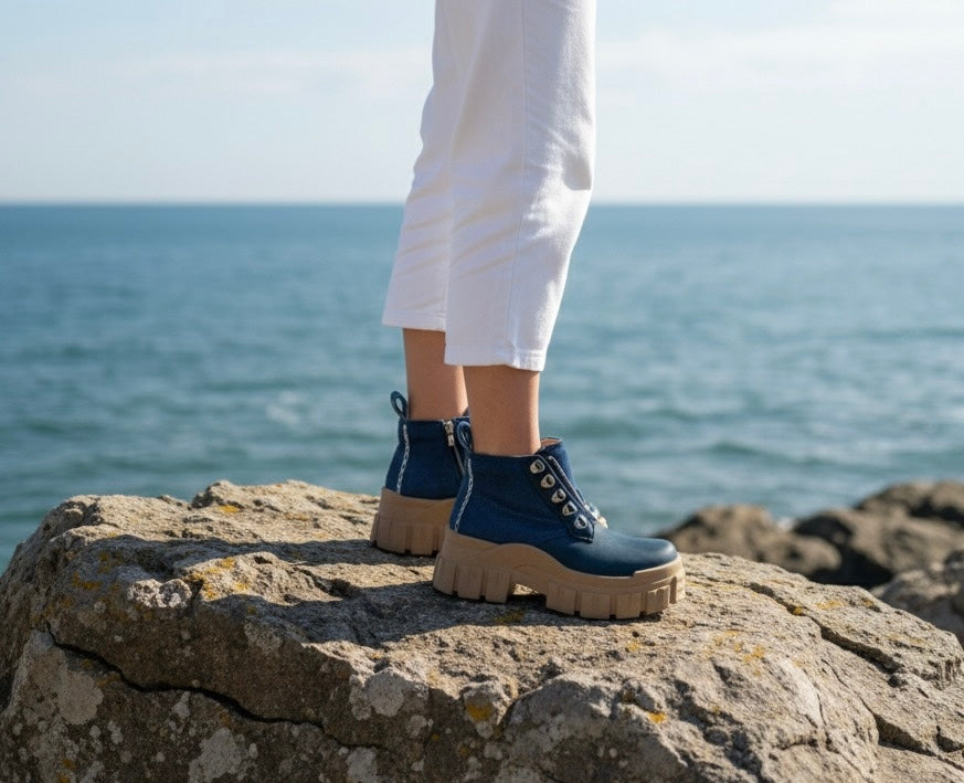 1Botín Jeans Cuero Azul Petróleo Mujer - Sin Cordones Cierre Central