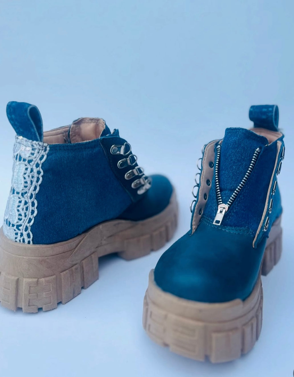 1Botín Jeans Cuero Azul Petróleo Mujer - Sin Cordones Cierre Central