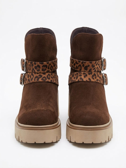 Brown reindeer ankle boot with animal print interchangeable strap