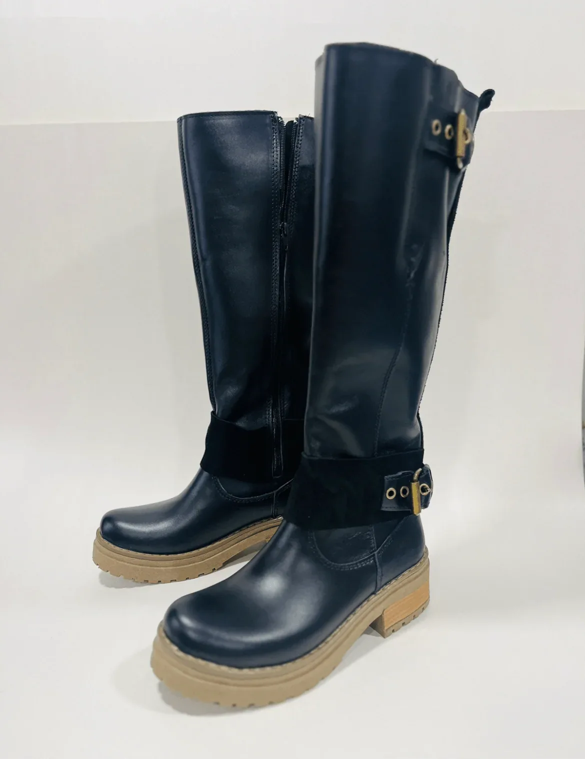 Bota de cuero mujer liso alta ajustable elástico en pantorrilla - juanfranko zapatos