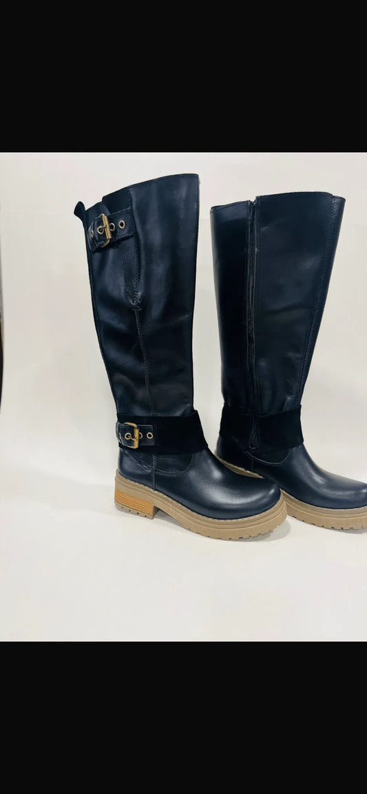 Bota de cuero mujer liso alta ajustable elástico en pantorrilla - juanfranko zapatos