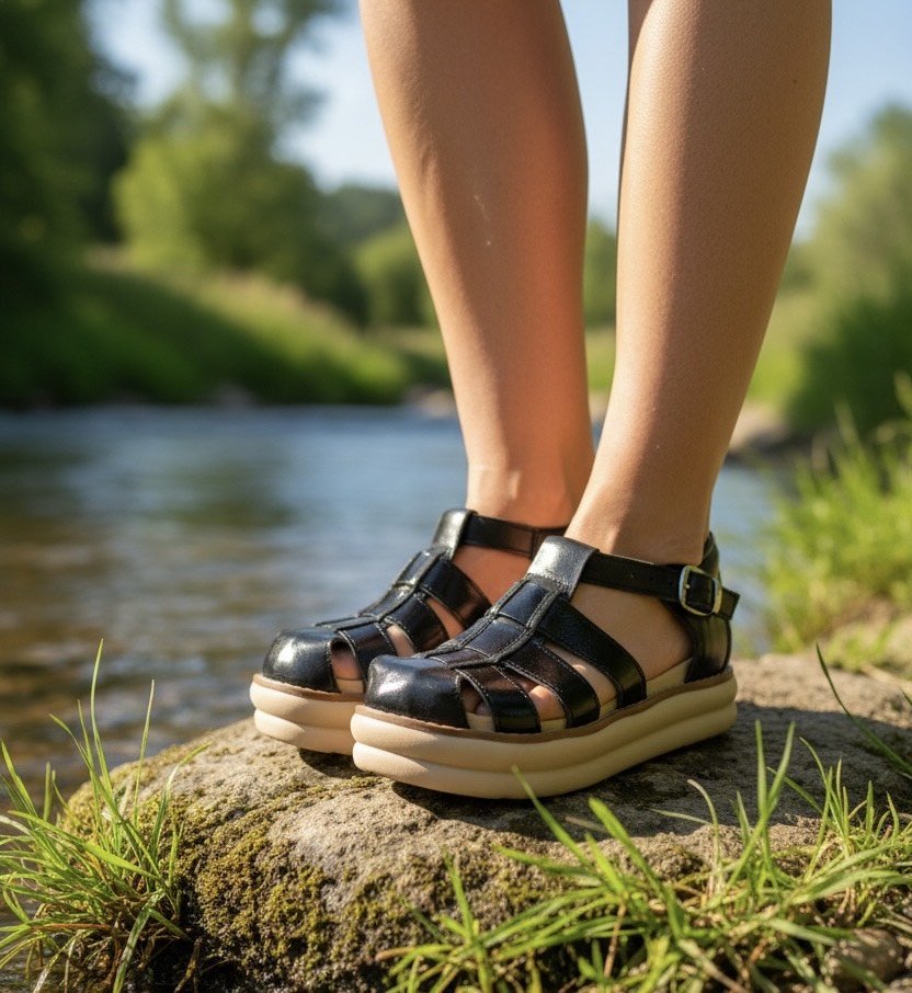 Sandalia de cuero con punta Franciscana negra - juanfranko zapatos