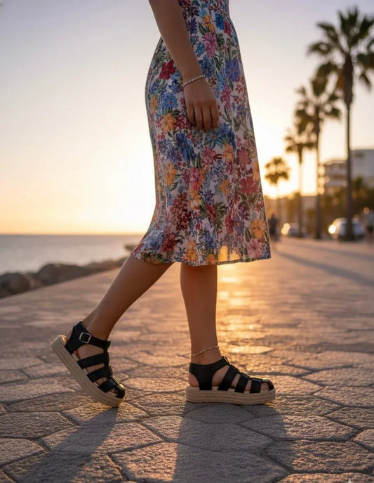 Sandalia suela goma yute cuero negro - juanfranko zapatos