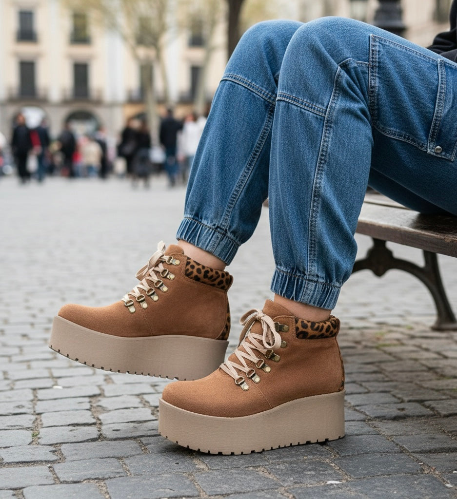 Botin high cuero reno natural camel suela 7 cm