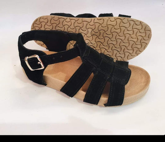 Sandalia Spider Cuero Reno Negro Mujer - Suela Plana Hebillas