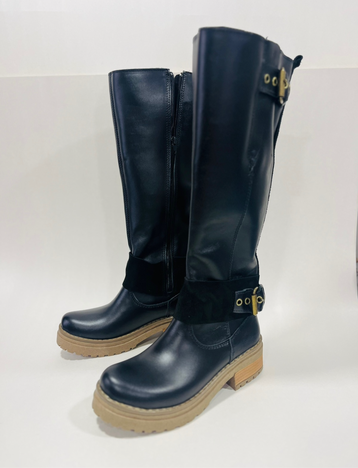 Bota de cuero mujer liso alta ajustable elástico en pantorrilla