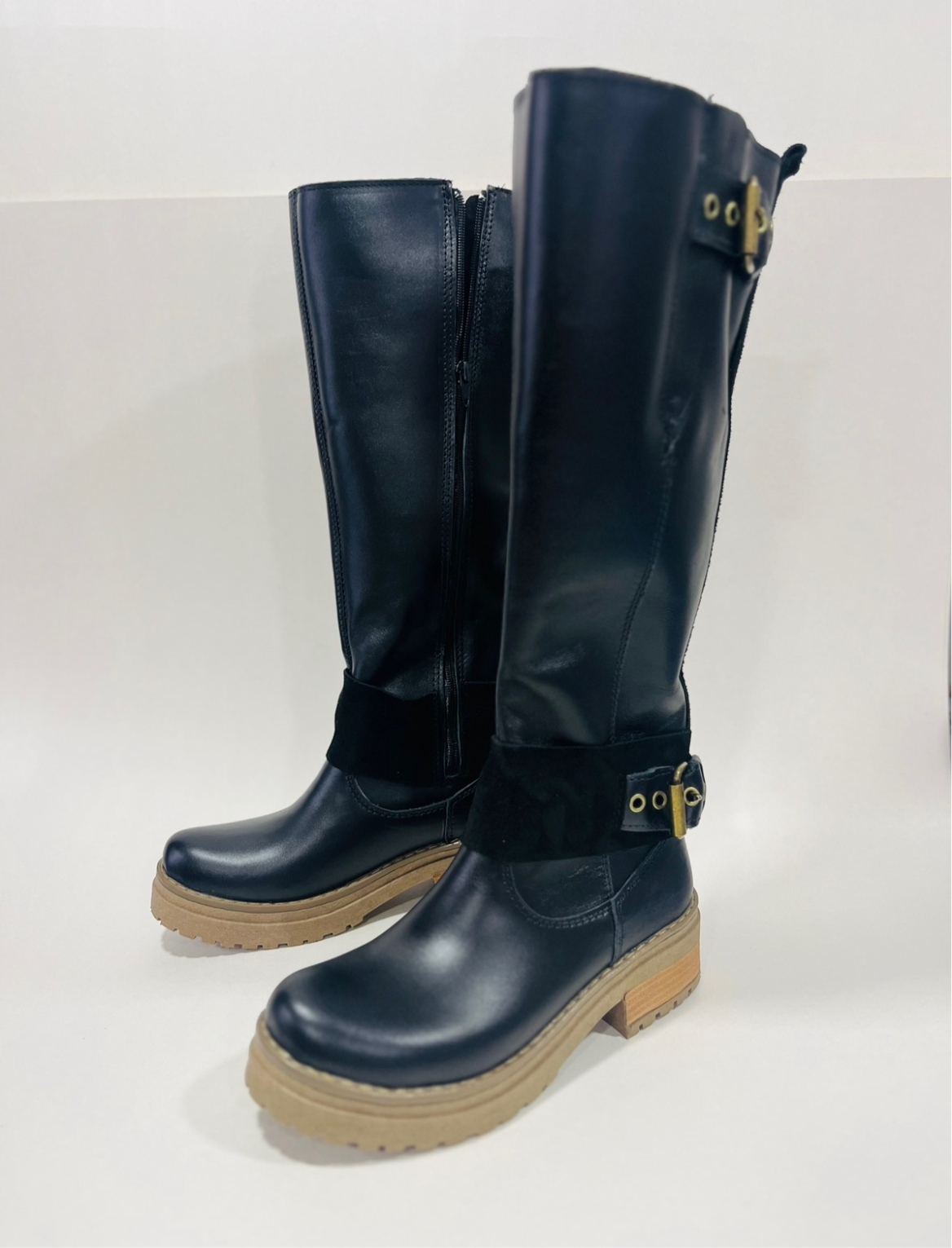Bota de cuero mujer liso alta ajustable elástico en pantorrilla