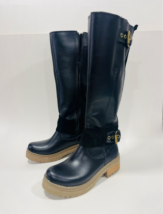 Bota de cuero mujer liso alta ajustable elástico en pantorrilla