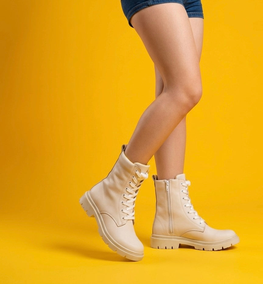 Cream leather boot with white sole