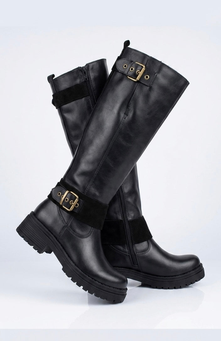 Bota ajustable all black cuero y reno