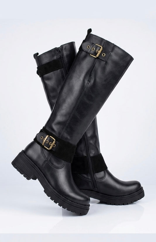 Bota ajustable all black cuero y reno