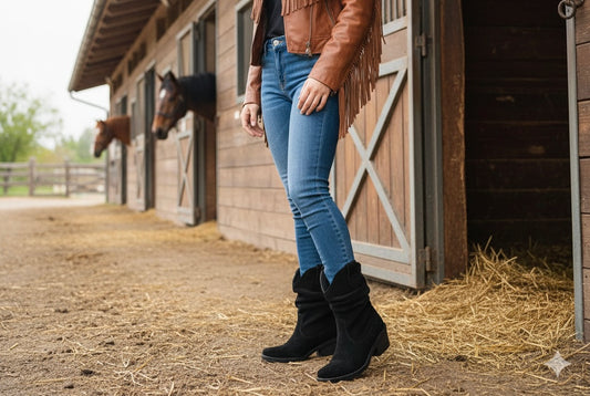 Bota corta estilo vaquero cuero reno negro caña 18 cm taco bajo