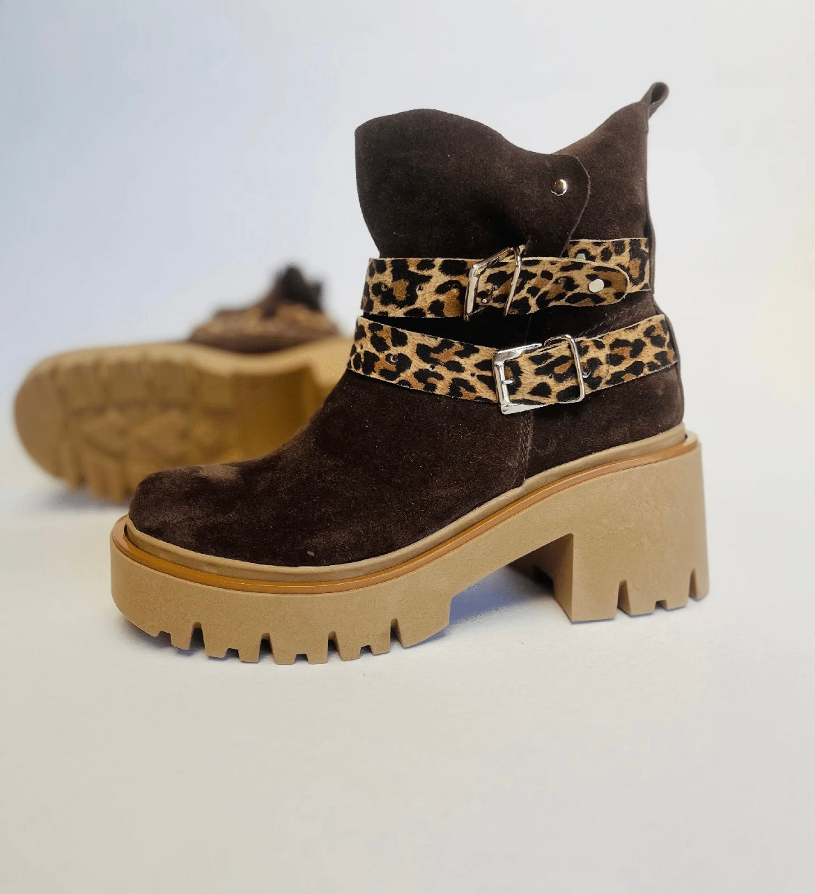 Brown reindeer ankle boot with animal print interchangeable strap