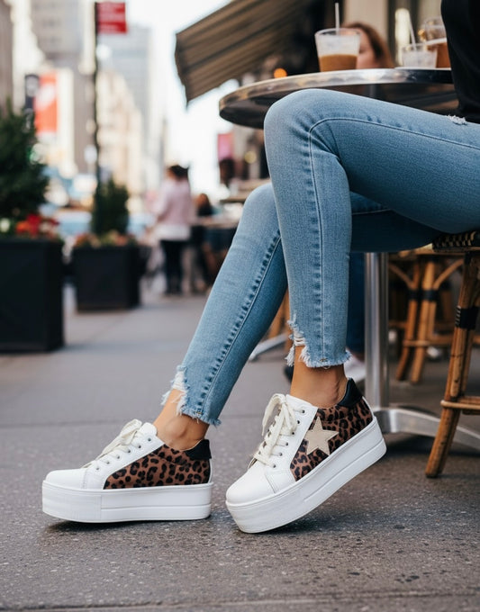 Zapatilla de cuero blanco y animal print