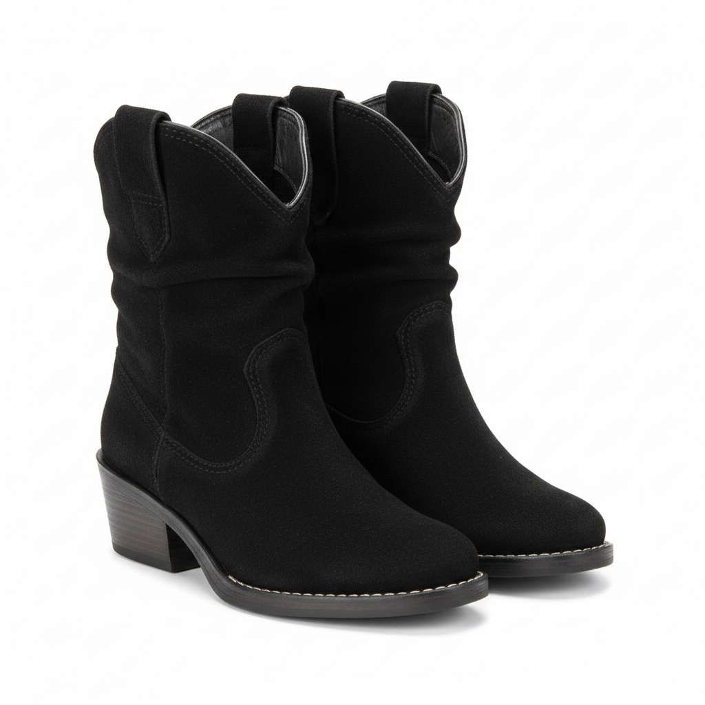 Bota corta estilo vaquero cuero reno negro caña 18 cm taco bajo