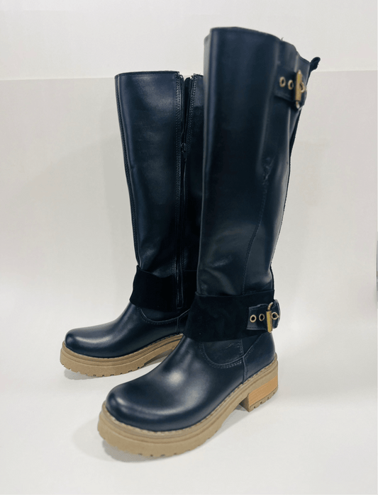 Bota de cuero mujer liso alta ajustable elástico en pantorrilla - juanfranko zapatos