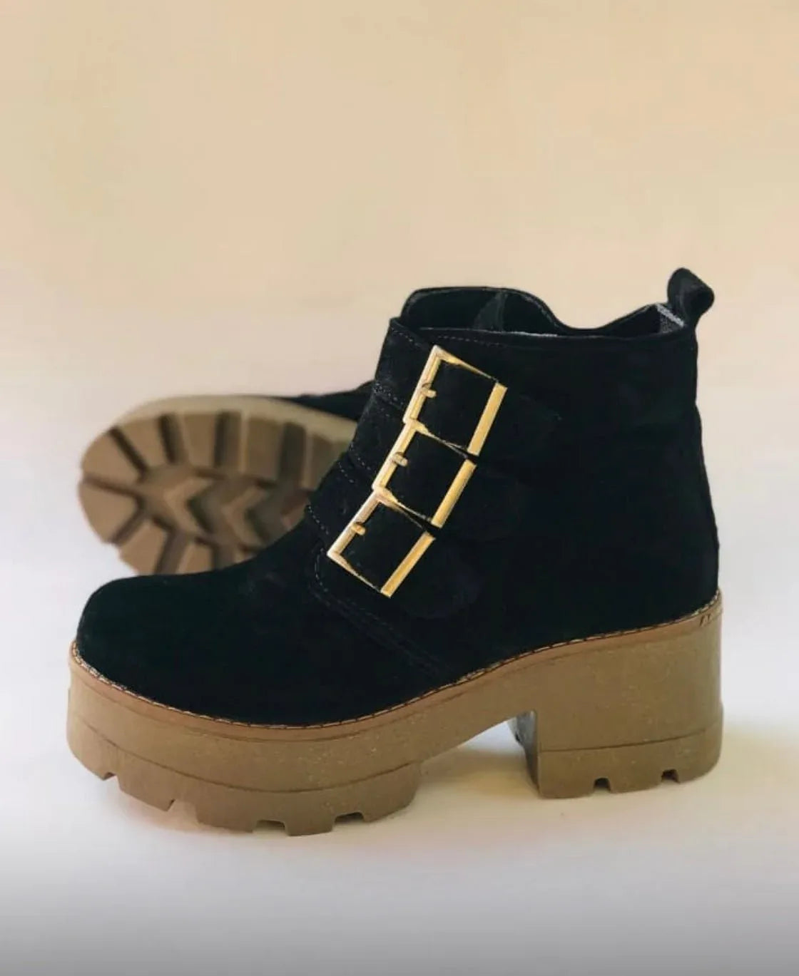 Botín Cuero Reno Negro Mujer - 3 Hebillas Suela Café Tacón - juanfranko zapatos