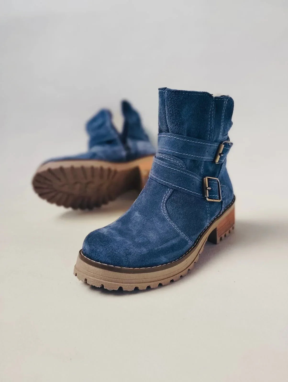 Botín Largo Cuero Reno Azul Mujer - Hebillas Metálicas Cómodo - juanfranko zapatos