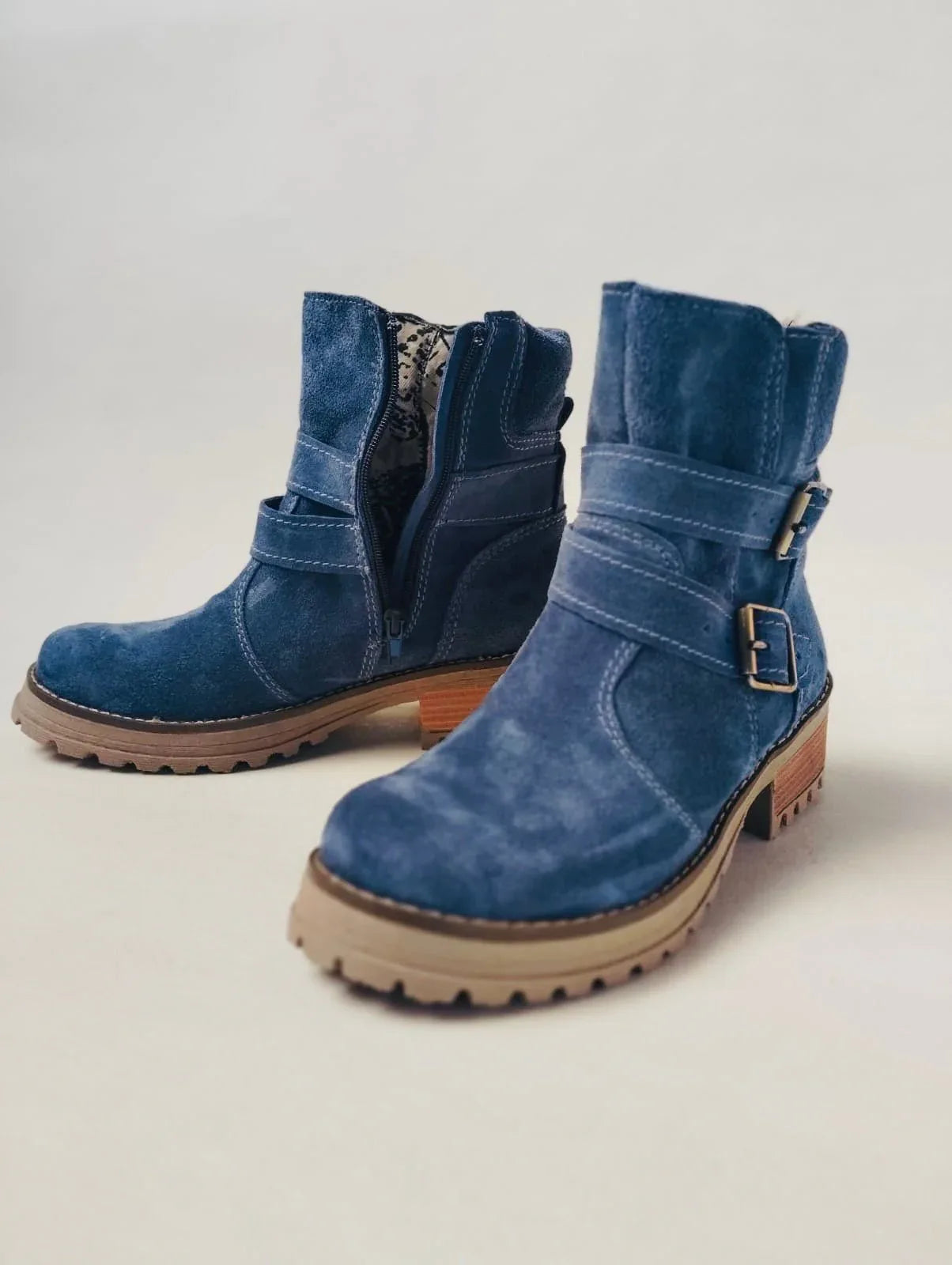 Botín Largo Cuero Reno Azul Mujer - Hebillas Metálicas Cómodo - juanfranko zapatos