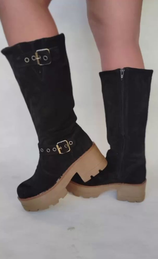 Botas de Cuero Mujer Negro con Suela Alta - Elegantes