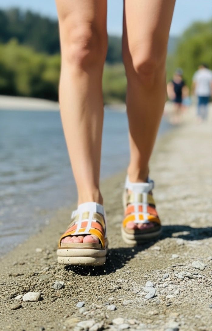Sandalia cuero tonos naranja dorada - juanfranko zapatos