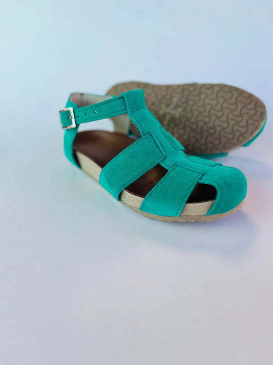 Sandalia Spider Cuero Reno Turquesa Mujer - Punta Plana Hebillas - juanfranko zapatos