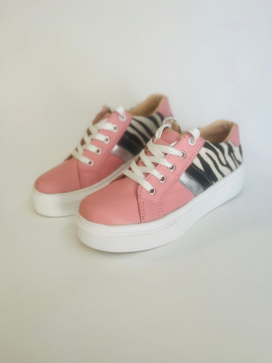 Zapatilla de Cuero Mujer Cebra Pink - Rosa Estampado Animal Print Cordones - juanfranko zapatos